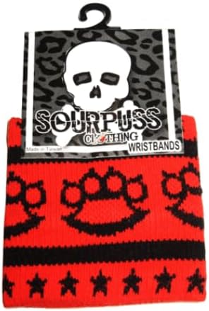 Miniatura 2 de Muñequeras tejidas de latón negro y estrellas en rojo de Sourpuss Clothing (juego de 2), Rojo/negro