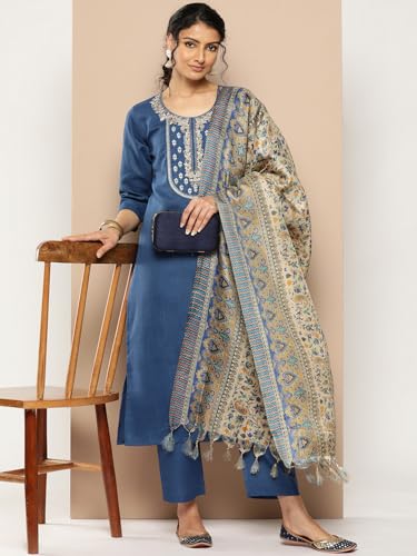 Image of Varanga Women Straight fit Embroiderd Yoke Blue Kurta with Side Slit Styled with a Matching Bottom and Printed Bhagalpuri Dupatta Perfect for Casual wear.