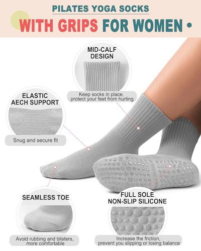 5 Pairs Pilates Grip Socks Yoga Socks with Grips for Women, Non-Slip Athletic Socks for Ballet, Dance, Workout, Hospital3