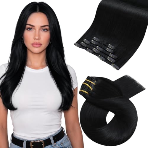 Image of Moresoo Black Hair Extensions Clip ins Real Human Hair Jet Black Clip in Hair Extensions Human Hair Long 80g for Thin Texture Even Weight Distribution Double Weft 18inch Straight for Daily Use