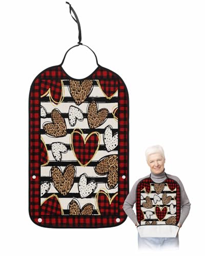 LEOKOTI Valentines Love Heart Adult Bibs for Eating, Waterproof Bibs with Food Catcher & Adjustable Snap Closure, Red Black Plaid Washable Clothing Protectors Adult Bibs for Elderly Women/Men