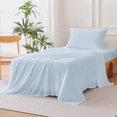 Image of Amazon Basics Jersey Knit 3-Piece Sheet Set, Wrinkle Free and Easy Fit, Includes 16 inch Deep Pocket Fitted Sheet, 1 Flat Sheet and 1 Pillowcase, Twin, Blue