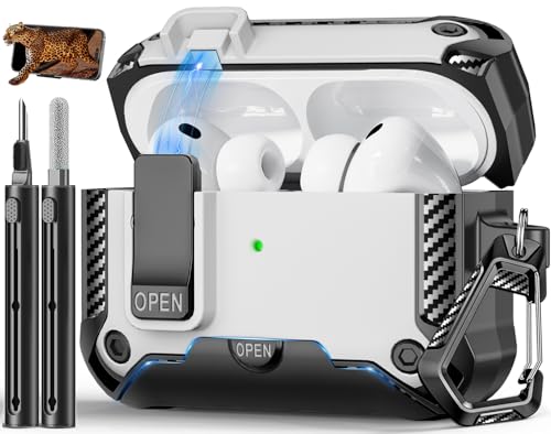 Image of for AirPods Pro 3 Case with Lock & Phone Stand(White) | Automatic Snap Switch Lock,Carbon Fiber Texture Design Cover with Cleaner Kit