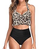 Tempt Me Leopard Women Two Piece High Waisted Bikini Sets Halter Push Up Swimsuits Tummy Control Bathing Suits M