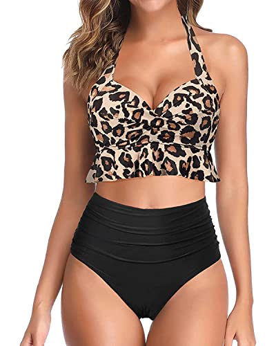Tempt Me Leopard Women Two Piece High Waisted Bikini Sets Halter Push Up Swimsuits Tummy Control Bathing Suits M #TOP23