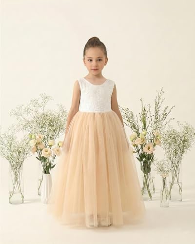 Image of 2Bunnies Girl Peony Lace Back A-Line Straight Tutu Tulle Party Flower Girl Dress