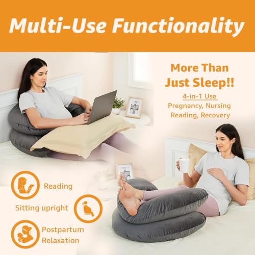Image of Amazon Basics Velvet Full Body Pregnancy Pillow for Maternity, Baby Nursing, Full Body Support|Perfect Baby Shower Gift|C-Shaped-Washable Cover with Zip-Grey, Velvet