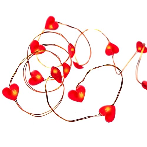 Hellum LED Chaîne lumineuse Coeurs Fonctionne sur piles(2AA), 20 coeurs rouges, Fil de cuivre Chaîne lumineuse intérieure, 110cm de longueur de lumière...