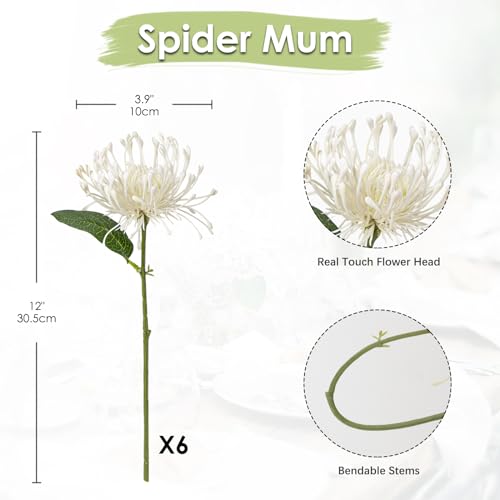 Image of Briful 6PCS Artificial Mums Spring Flowers 4'' White Spider Chrysanthemum Fake Flowers Bouquet for Home Vase Centerpieces Arrangements Bridal Shower Decoration
