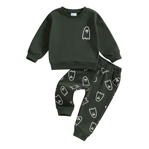 Image of SAYOO Halloween Baby Boy Girl Clothes Funny Ghost Face Pullover Sweatshirt Jogger Pants 2Pcs Fall Holiday Sweatsuits Outfit