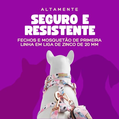Conjunto Completo: Guia + Peitoral + Porta Saquinhos + Coleira + Laço para Cachorros M - Ajuste Regu