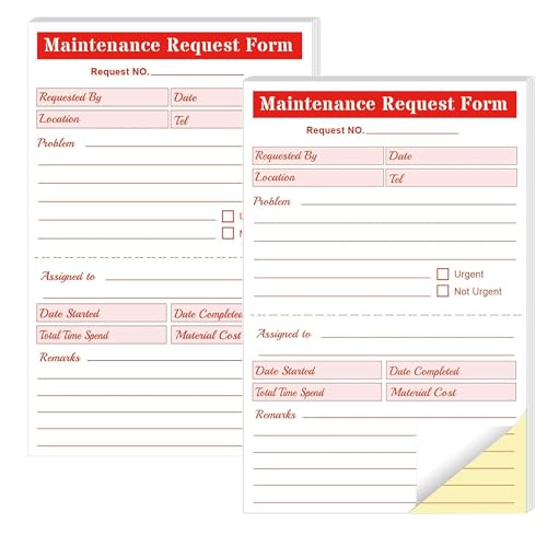 Maintenance Request Book Forms - 5.5 x 8.5 Inch 2 Part Carbonless Maintenance Repair Request Slips - Work Order Forms for Industrial Equipment 100 Pcs