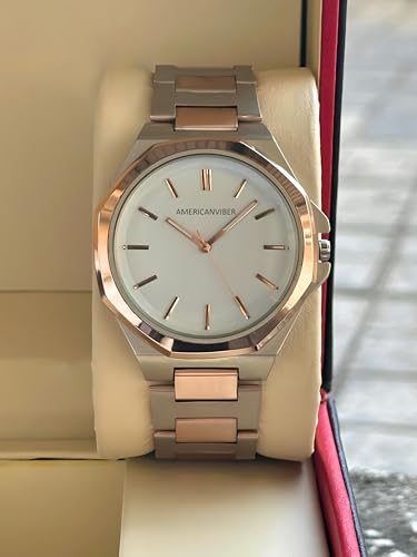 Image of AMERICANVIBER Modern Analog Watch, Silver and Black Two-Tone Stainless Steel Band, Octagonal Case, White Dial for Men