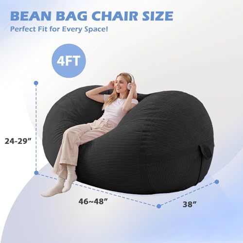 Image of 4FT Bean Bag Chair 4'Big Bean Bag Chairs with Adults, Large Beanbag Chair | Bean bag Lounger with Machine Washable Cover Corduroy Fabric, Comfy Chairs for Living Room Bedroom Dorm, Black