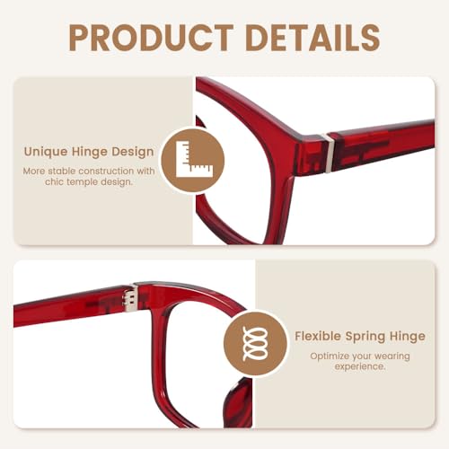 JiSoo Square Reading Glasses Women 1.75, Oversized Ladies Reading Glasses Thick Chunky Readers with Spring Hinge, Red - Image 3