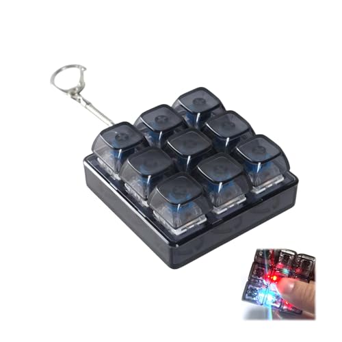 [ポクミル] 2025新登場 メカニカルキーボード キーホルダー LEDライト効果 9キー 携帯便利 青軸 ストレスを軽減する コンパクトで軽量 丈夫 キースイッチ 遊べるキーホルダー キープラー (ブラック（発光タイプ）) (ライト)