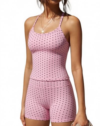 Image of SUUKSESS Women 2 Piece Workout Sets High Waisted Tummy Control Biker Shorts Halter Padded Tank Tops