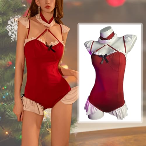 BIGFOX セクシー バニー コスチューム 女性用 レッド ホルター フリル トリム ボディスーツ プラッシュ テール メイド ランジェリー コスプレ テーマ パーティー - 画像5