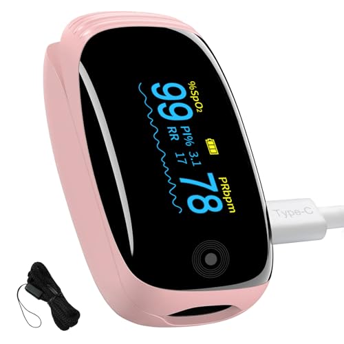 Rechargeable Pulse Oximeter with Respiration Pink OLED Display Fingertip Oxygen Monitor Track SpO2 Pulse Rate PI and RR Fast Accurate Reading Lanyard Included for Home and Outdoor Sports