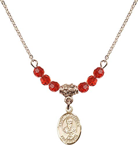 Bonyak Jewelry 18 Inch Hamilton Gold Plated Necklace w/ 4mm Red July Birth Month Stone Beads and Saint Alexander Sauli