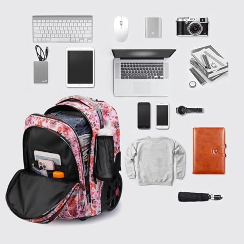 Image of Rolling Backpack 22 Inch Backpack with Wheels for Business, College Student and Travel Commuter, Waterproof Wheeled Backpack (Pink-Flower)