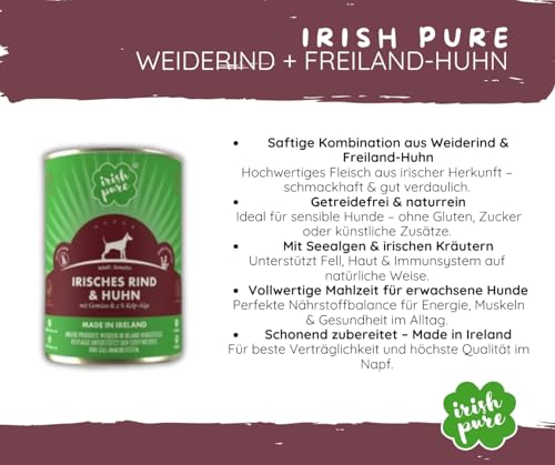 Irish Pure Adult Weiderind + Freiland-Huhn - Hundefutter - 1x12kg + 6x390g – getreidefreies Trockenfutter & Nassfutter – 100 % natürliche Zutaten – mit Kelp-Alge – für ausgewachsene Hunde - Sparpaket