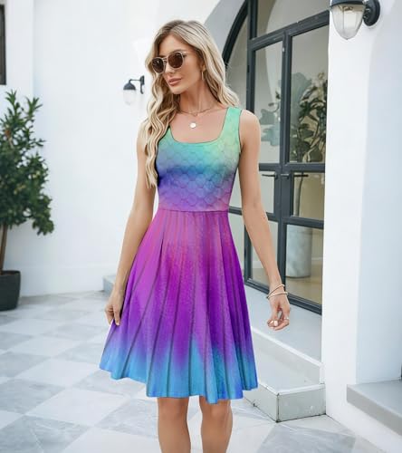 Image of uideazone Women Funny Print Sleeveless U Neck A Line Casual Midi Dress | Soft Stretchy Breathable Fabric Flared Swing Sundress Fitted Waist for Daily Wear 80 /90s Themed Party Beach Vacation Trips