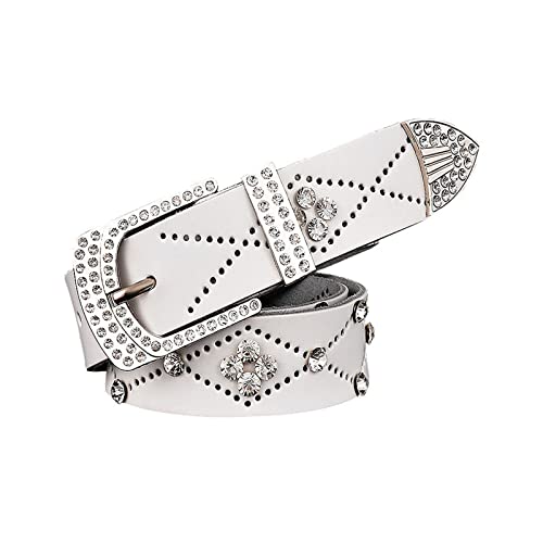 Rhinestone Belt for Women Western Cowgirl Bling Studded Leather Belt for Jeans Pants,White,115CM/45.3''