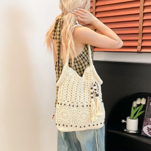Womens Handwoven Beach Shoulder Bag Summer Mesh Knit Casual Tote Bag with Tassel Beads4