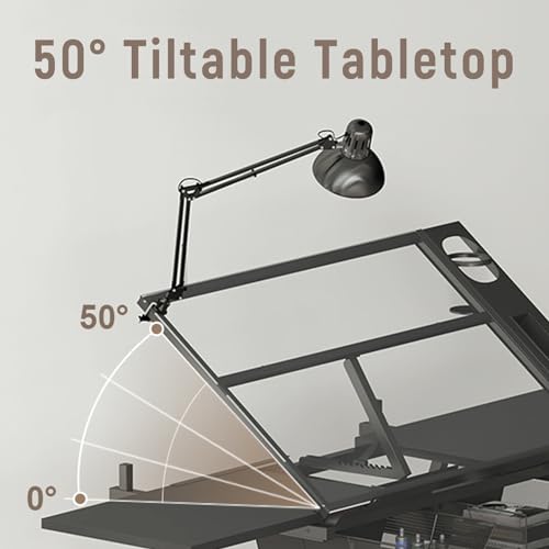 Artist Work Station Drawing Table, Adjustable Height(28-36.6in) & Angle(0°-50°), Home Office Desk, with Stool, Drawers, Side Trays, and Built-in Pencil Ledge (Color : Black, Size :