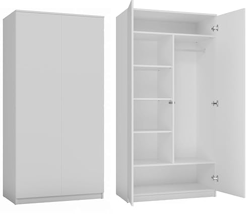BDW Kleiderschränk 2 Türen, 6 Einlegeböden, Kleiderständer, Mehrzweckschrank, Schubladenschrank, Garderobenschrank für Schlafzimmer, Wohnräume, 180x90x50cm, (Weiß)