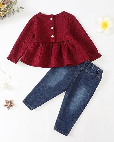 Image of Baby Girl Clothes Toddler Girls Winter Outfits Infant Clothing Ruffle Top Denim Pants Jeans Cute Fall Outfit Set