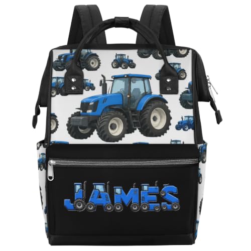 Image of Large Diaper-Bag-Backpack Waterproof Nappy-Bag Baby-Gifts Blue Tractor | Monogrammed Baby Backpack for Traveling Stroller Organizer Mommy Bag for New Parents Personalized Baby Shower Gifts