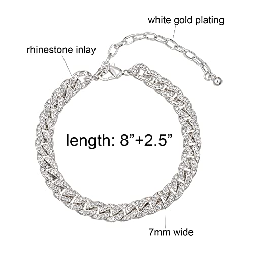 Kelistom 18K White Gold Plated Cuban Link Anklet For Women Teen Girls Men, Iced Out Rhinestones Filled Chain Ankle Bracelets For Women With Paperclip Extension #TOP1