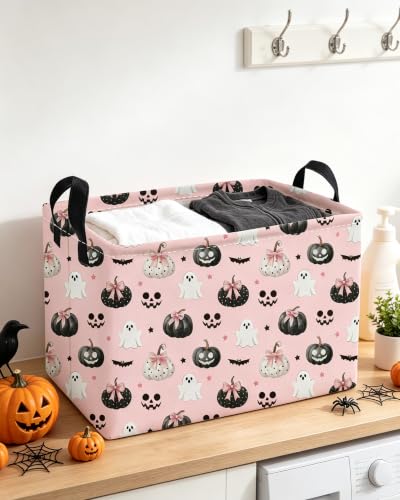 Image of Essme Rectangular Halloween Baskets,Ghost Storage Box,Cute Basket for Kids with Handles for Room Decor, Book Bins,Shelf Basket.(Bow Ghost)