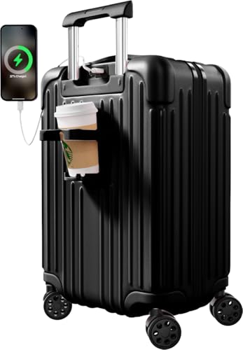 Krute Carry on Luggage with Cup Holder 20 Inch Suitcases with Spinner Wheels PC+ABS Hardside TSA Approved Luggages with Charger Port