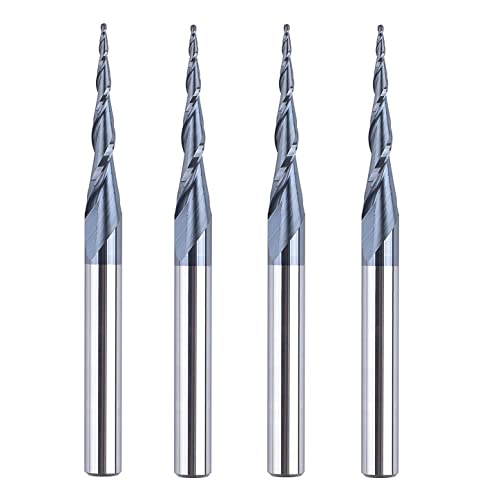 SpeTool 4Pcs Tapered Ball Nose End Mill Spiral Router Bit 1.0mm Tip Diamter (0.5mm Radius) 4.82 Deg for CNC Milling Engraver Carving Bits