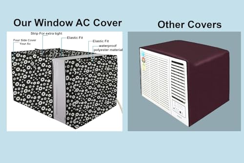 Image of The Furnishing Tree Elastic fit waterproof Polyester window ac cover suitable for Croma 1.5 Ton, Dustproof cover for inner and outer section, In CM: (55.88x71.12x45.72), Floral Pattern White