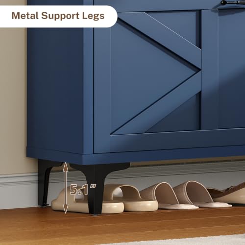 Image of TEENFON Shoe Cabinet with 2 Flip Drawers & Top Drawer, Farmhouse Narrow Shoe Storage Cabinet with Adjustable Shelves & Hooks, Freestanding Hidden Slim Shoe Rack Cabinet for Entryway, Hallway, Blue