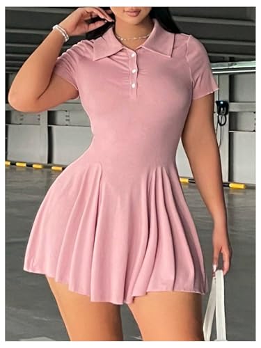 Image of RoseSeek Women's Plus Size Ribbed Knit Golf Dress Button Front Short Sleeve A Line Collared Shirt Dresses