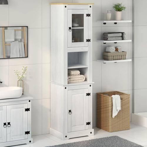 Tonture Mueble de baño blanco de pino macizo 50 x 40 x 185 cm con amplio espacio de almacenamiento, estantería, puertas para muebles de baño, juego de almacenamiento y lavadero, superficie mate