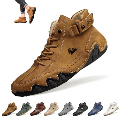 Overhil1s Men's Handmade Suede High Boots, Waterproof Lightweight Non Slip Unisex Outdoor Breathable Beck Shoes for Hiking, Camping & Driving Barefoot ShoesBarefoot Shoes(Light Brown,45 EU)