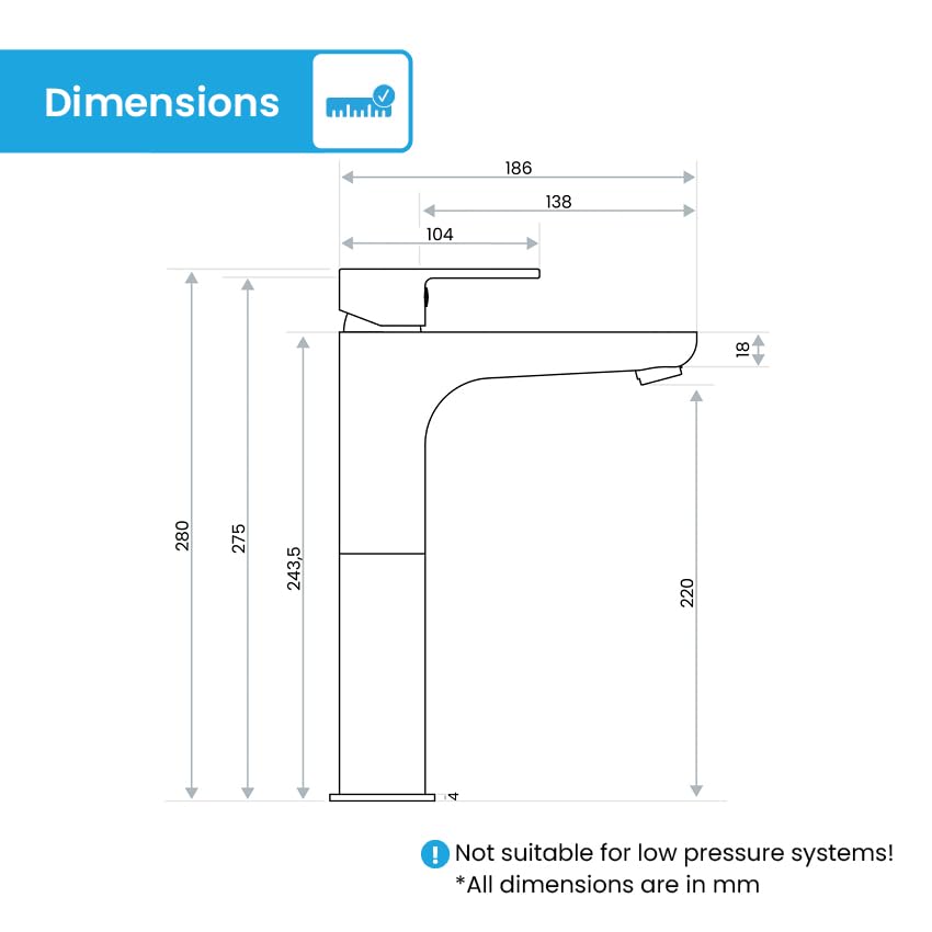 Bächlein High Tap for The Bathroom in Classic Design, Extra high Single-Lever Mixer for Countertop Washbasin with Installation Set, Matt Black Bathroom Faucet - Classic High