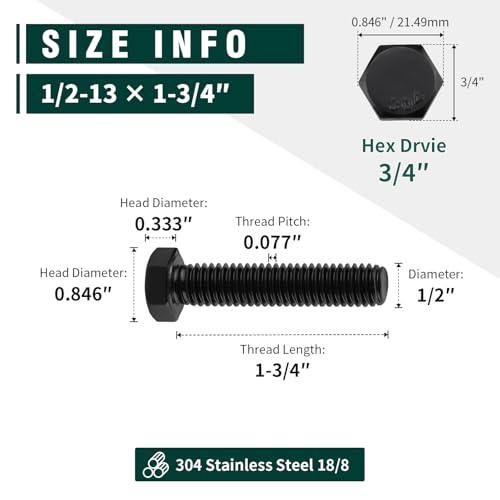 Image of 1 /2-13 x 1-3 /4 inch Hex Head Bolts Black, 304 Stainless Steel 18-8 Hexagon Head Screws Bolts, Black Oxide Finish, Allen Hex Drive, 6 PCS