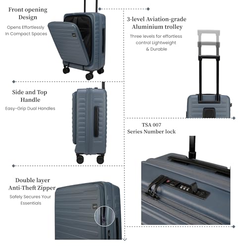 Image of F Gear Sedona Small Cabin Pro 54cm German Polycarbonate Hard Luggage|8 Japanese Hinomoto Silent Wheels| USB & Type-C Charging, Phone Stand & Cup Holder | Front Opening Suitcase for travel (Stone Blue)