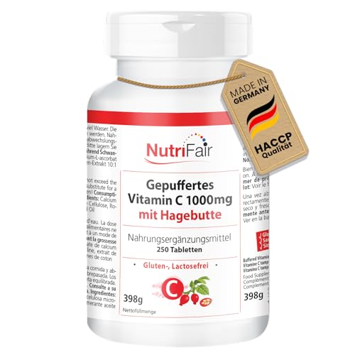 Gepuffertes Vitamin C 1000mg mit Hagebutte - mit 1000mg pro Tablette - 250 Tabletten - Hochdosiert - 100% Vegan – Deutsche Produktion & Laborprüfung - NutriFair | Premium & Fair
