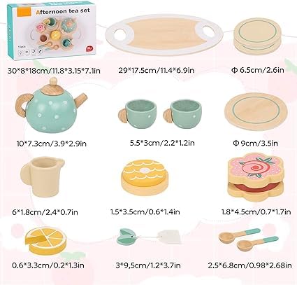 15PCS Tea Party Set for Children, Pretend Play Picnic Tea Time for Kids Wooden Tea Set for 3, 4 - Image 4