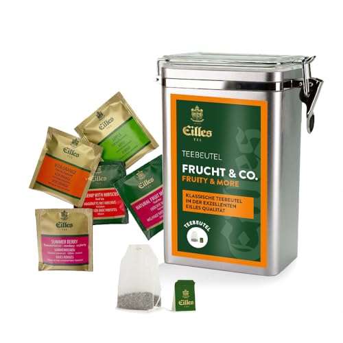FRUCHT & CO. TEE Premium Aromadose mit 5 Sorten EILLES Deluxe Teebeutel, 30 Portionen gesamt, wiederverschließbare Dose mit Crystal-Deckel