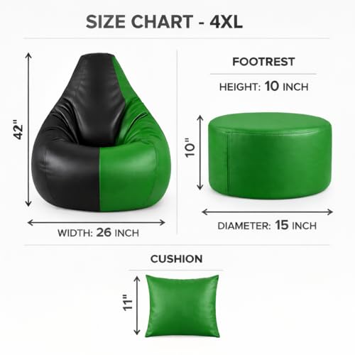 Image of 4XL Tear Drop Bean Bag with Footrest & Cushion | Premium Leatherette Bean Bag Cover | XXXXL Lounger Chair for Living Room | Without Beans | Upto 150 Kg (Green::Black, XXXXL)