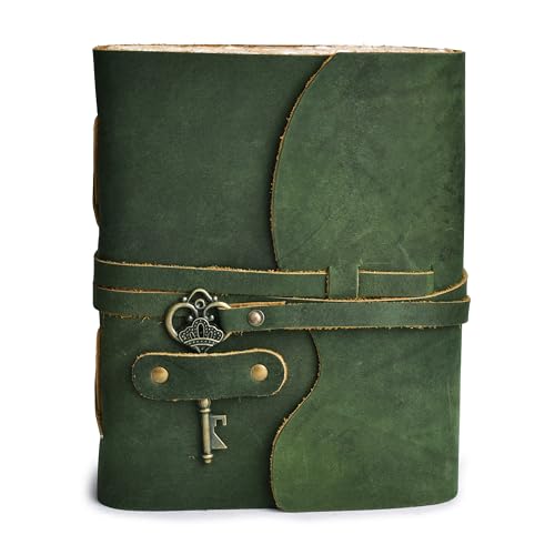 Image of LEATHER VILLAGE Leather Notebook For Men Key Lock, Forest Green 6x4. | Handmade Deckle Edge paper, 200 Blank Pages , Grimoire, Book Of Shadows, Sketchbook, Scrapbook, Leather Journal , Green 6x4